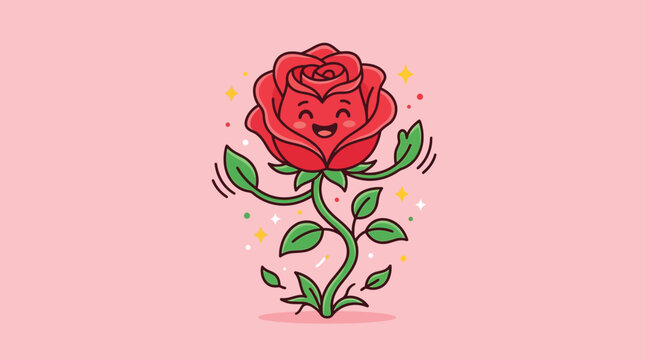 Cute cartoon rose character with happy face and leaves