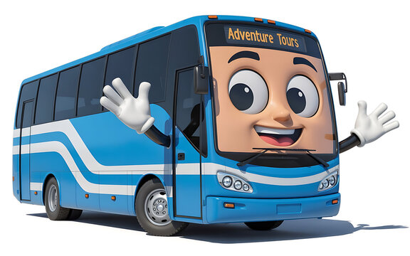 Cartoon bus mascot with waving arms for adventure tours branding