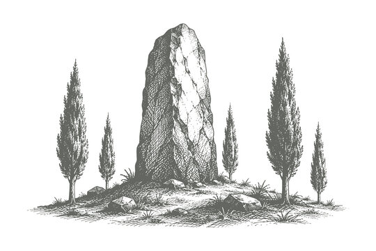 Mysterious vintage etching style vector illustration of a tall standing stone monolith surrounded by slender cypress trees on a hill