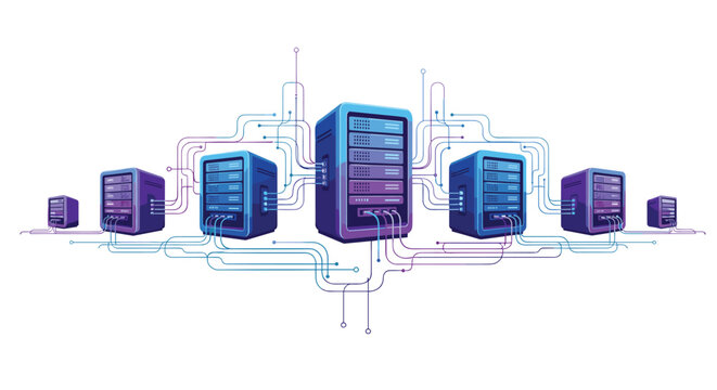 A central server tower serves as a hub for smaller linked units connected by a complex web of thin, glowing, and colorful data paths against a white background.
