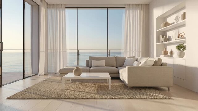 Bright modern living room with beige sofa and ocean view through large windows in cozy coastal home