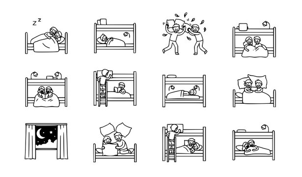 Couple Sleeping and Pillow Fight Linear Icon Set with Bunk Bed Bedroom Outline Symbols