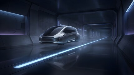 Fototapeta premium Sleek futuristic autonomous vehicle elegantly glides through a luminous high-tech tunnel, embodying the future of transportation and innovative design concepts