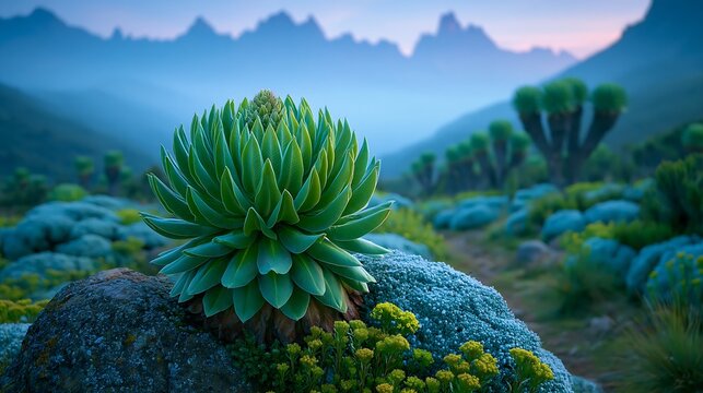 Giant lobelia plant in the Kilimanjaro alpine landscape at dawn