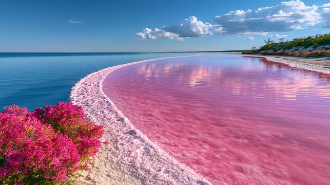 Vibrant pink Lake Hillier meeting the blue ocean under a clear sky