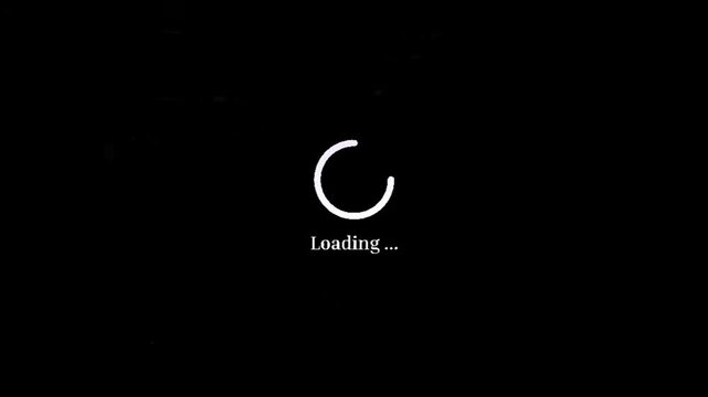 Animated progress indicator displaying a white circular spinner and 'Loading' text on a stark black background, symbolizing data processing or a waiting state in a digital interface