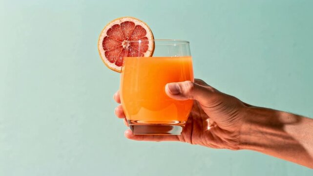 Refreshing glass of fresh grapefruit juice with citrus slice held by hand on blue background