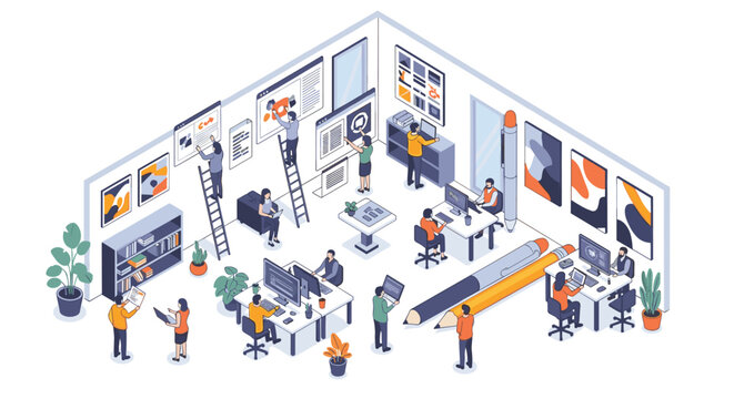 Isometric office workspace featuring employees using ladders to access wall charts and giant stationery items like pens and pencils in a creative business environment.