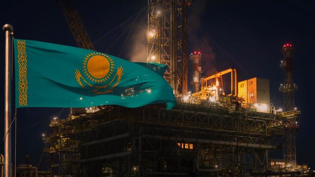 Night view of oil rig platform with Kazakhstan flag waving under dark sky with industrial lights
