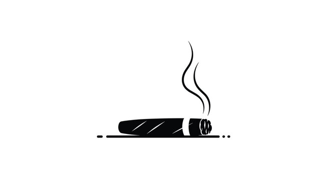 A black and white minimalist graphic illustration of a single smoking cigar positioned horizontally against a stark, solid white background in a clean digital style.
