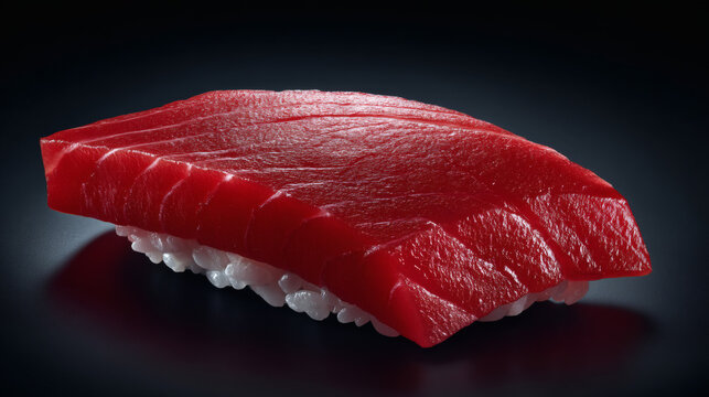 close up shot of a premium Otoro nigiri at a 45 degree angle. Naturally fresh fish with subtle fat marbling and natural surface moisture. Hand-formed sushi rice with visible grain definition 