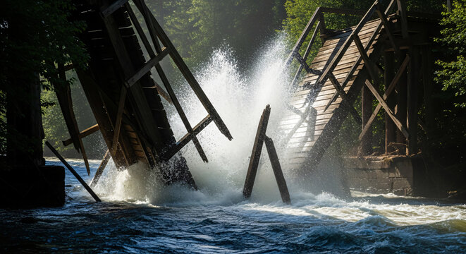Old wooden bridge collapsing into a rushing river with high splash