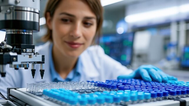 Lab technician operating automated sample sorter in modern laboratory