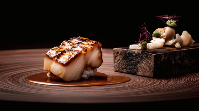 shot of a glazed Anago sea eel sushi at a 45 degree angle on a dark wooden surface. Muted natural color tones and hand-sliced uneven edges. Handcrafted rice with visible grains and handcrafted 