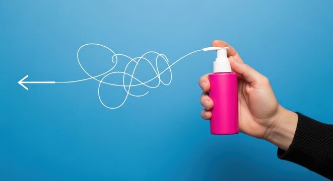 Hand holding spray bottle simplifying complex problem with clear path.