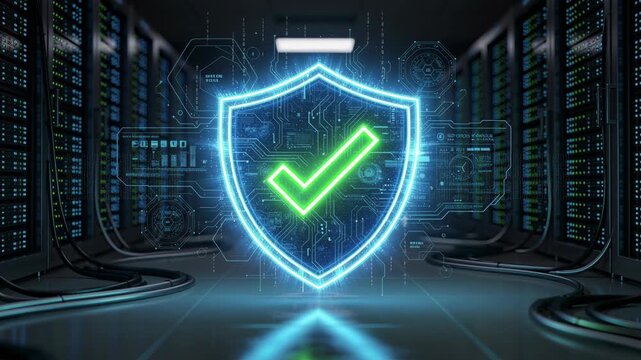 Digital security concept with glowing shield and checkmark in data center for cybersecurity protection