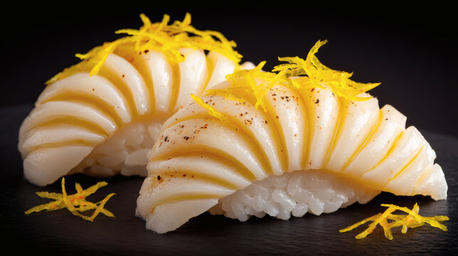 realism style shot of a single Hokkaido Scallop sushi with a touch of citrus zest. Soft organic texture and delicate fiber separation. Gentle pressure marks on the hand-formed rice showing structured 