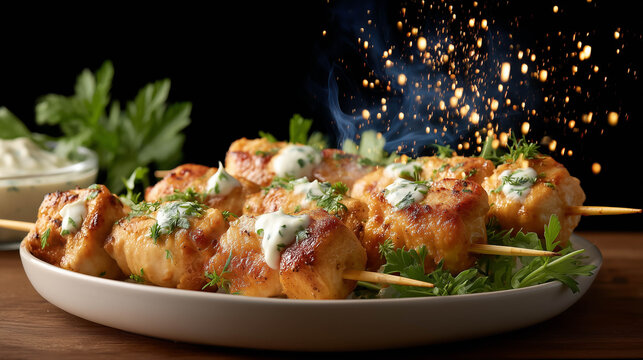 Grilled chicken skewers in flight, with flames and herbs exploding from the background, paired with flying yogurt garlic dip droplets.