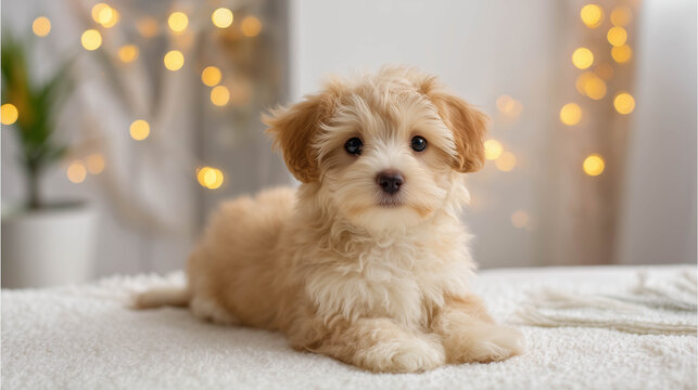 A little lovely puppy sitting on white floor, feeling cheerful.