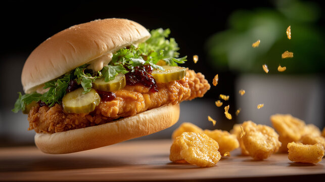 Hot chicken sandwich deconstructed in the air with flying pickles, lettuce, spicy sauce, and fried chicken fillet.