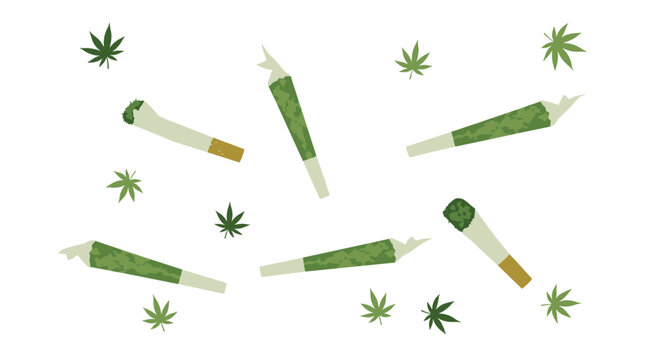 Several hand-rolled cannabis joints with green herbal material are floating among scattered marijuana leaf icons against a bright and clean solid white studio backdrop.