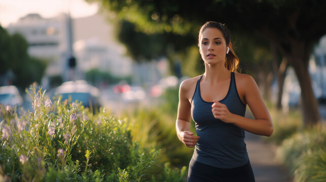 A woman in an exercise outfit running on the footpath exercising. using headphones to listen to music.