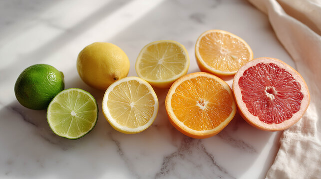 Overhead Flat Lay of Citrus Fruits Halves on Marble Background.