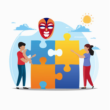 People assembling a puzzle with a tribal mask