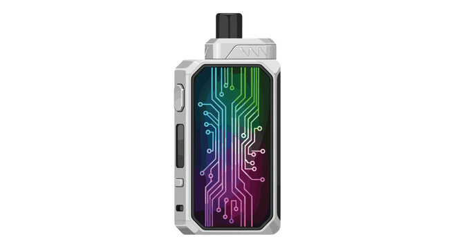 A silver rectangular electronic device features a prominent multi-colored glowing circuit board graphic on its front panel in a sharp digital technical design style.