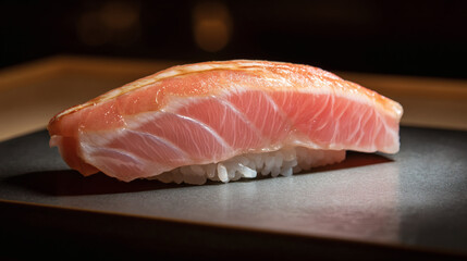 cinematic macro shot of omakase sushi featuring naturally fresh fish with subtle fat marbling, faint translucency at the edges, and clear knife details. Hand-formed rice shows visible grain 