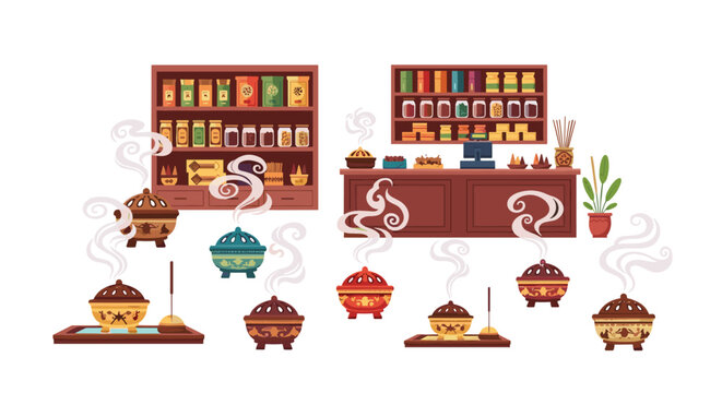 A collection of decorative incense burners with smoke, displayed in front of shelves stocked with products in a retail setting, featuring warm, earthy tones and a horizontal compos
