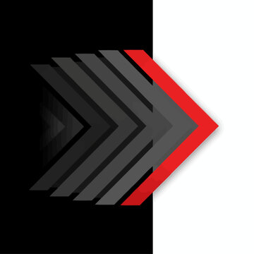 A bold red and grey chevron graphic design on black and white background