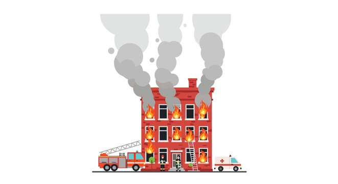 A severely burning red brick building spews dark smoke into the sky as emergency responders, including firefighters and an ambulance, attend the scene.