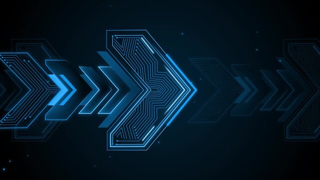Neon futuristic arrow shapes with circuit-patterned hex arrow pointing right background animation