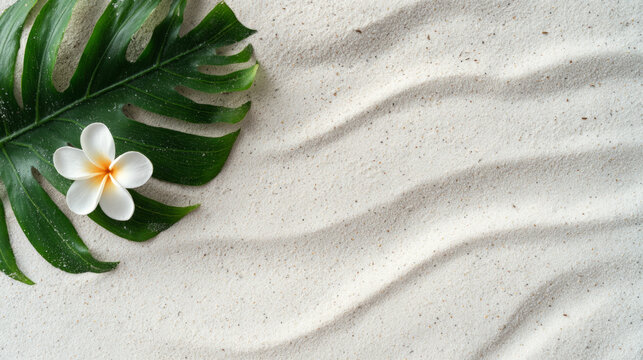 Photo background of a white sand on the beach, modern flat lay with a tropical leaf and frangipani flower in the corner, in a morning soft light