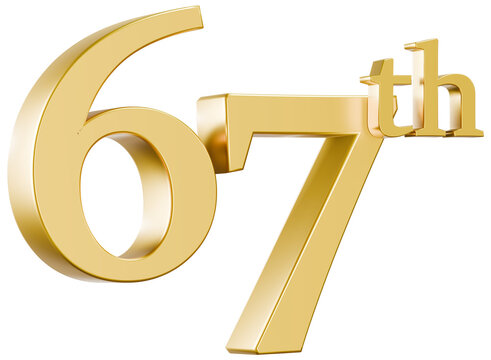 Shiny metallic gold 67th number 3D render
