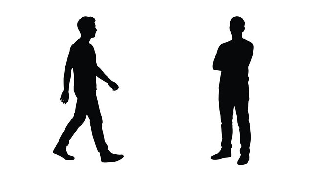 Two men in walking and standing poses black silhouette
