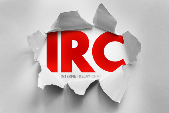 IRC internet relay chat acronym emerging from torn paper, bold typography with internet relay chat definition, online communication concept showing messaging network technology background illustration
