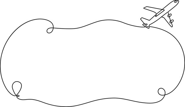 Continuous one line drawing of Airplane trail, travel route, flight path, vector icon