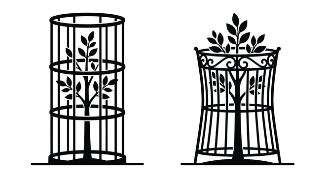 Wrought iron plant cages with trees and leaves black silhouette