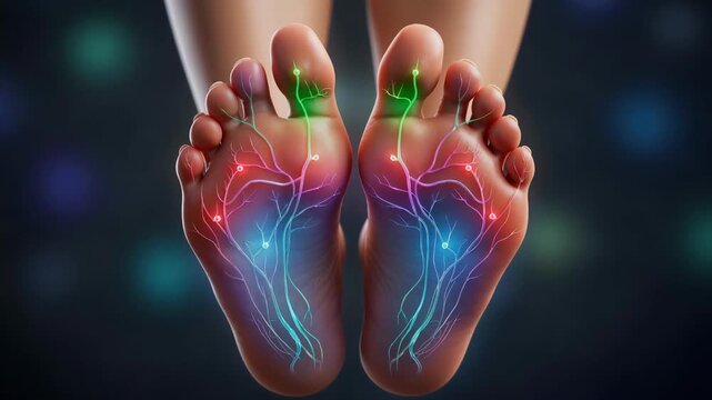 Closeup of soles with colorful nerve pathways illustration highlighting foot nerves and anatomy