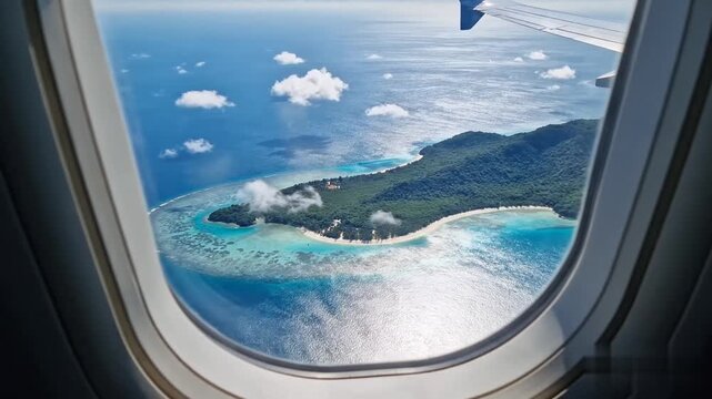 Breathtaking high-altitude perspective of a tropical paradise isle nestled within crystal-clear turquoise Caribbean waters, observed through a commercial aircraft passenger window frame.