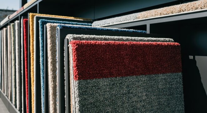 Close-up of colorful carpet samples displayed on shelves in a retail store