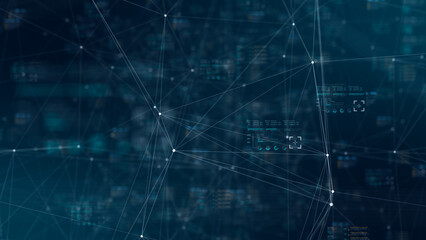 Obraz premium Abstract digital network background with connected data nodes, glowing interface lines, and cybersecurity technology design for business presentation.