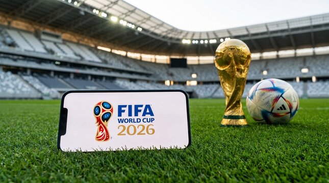 Fifa world cup 2026 logo on smartphone screen with trophy and soccer ball on stadium grass field