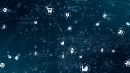 Fototapeta premium Fintech network background with currency icons, shopping cart, analytics chart, and connected data lines for digital commerce presentation and web design.