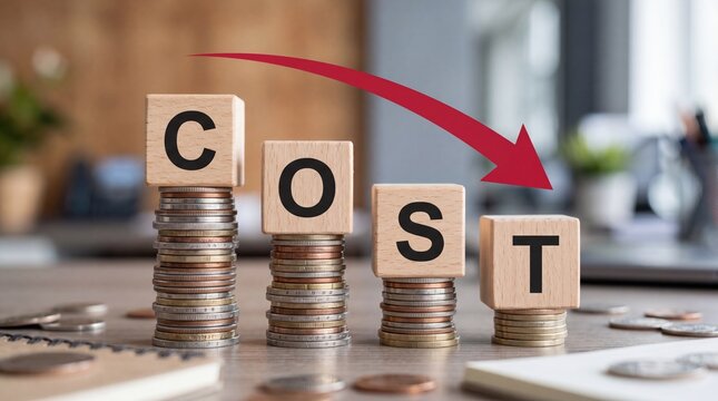 Cost reduction business concept showing wooden blocks spelling cost on decreasing stacks of coins. Red arrow pointing down symbolizing budget cuts, savings, expense management and