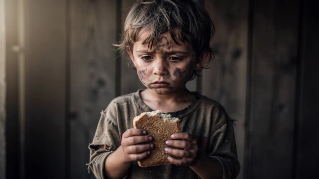 Sad hungry child with dirty face holding a piece of bread in poverty and hardship
