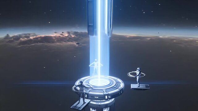 Futuristic Space Elevator with astronauts working on orbital platform