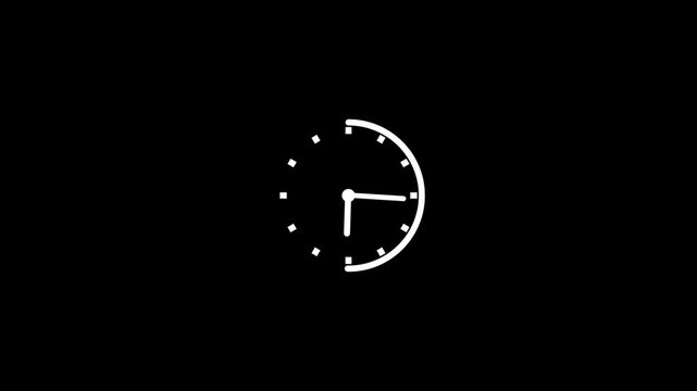 White clock on black background animation day time. Footage. Transparent background. Alpha channel.